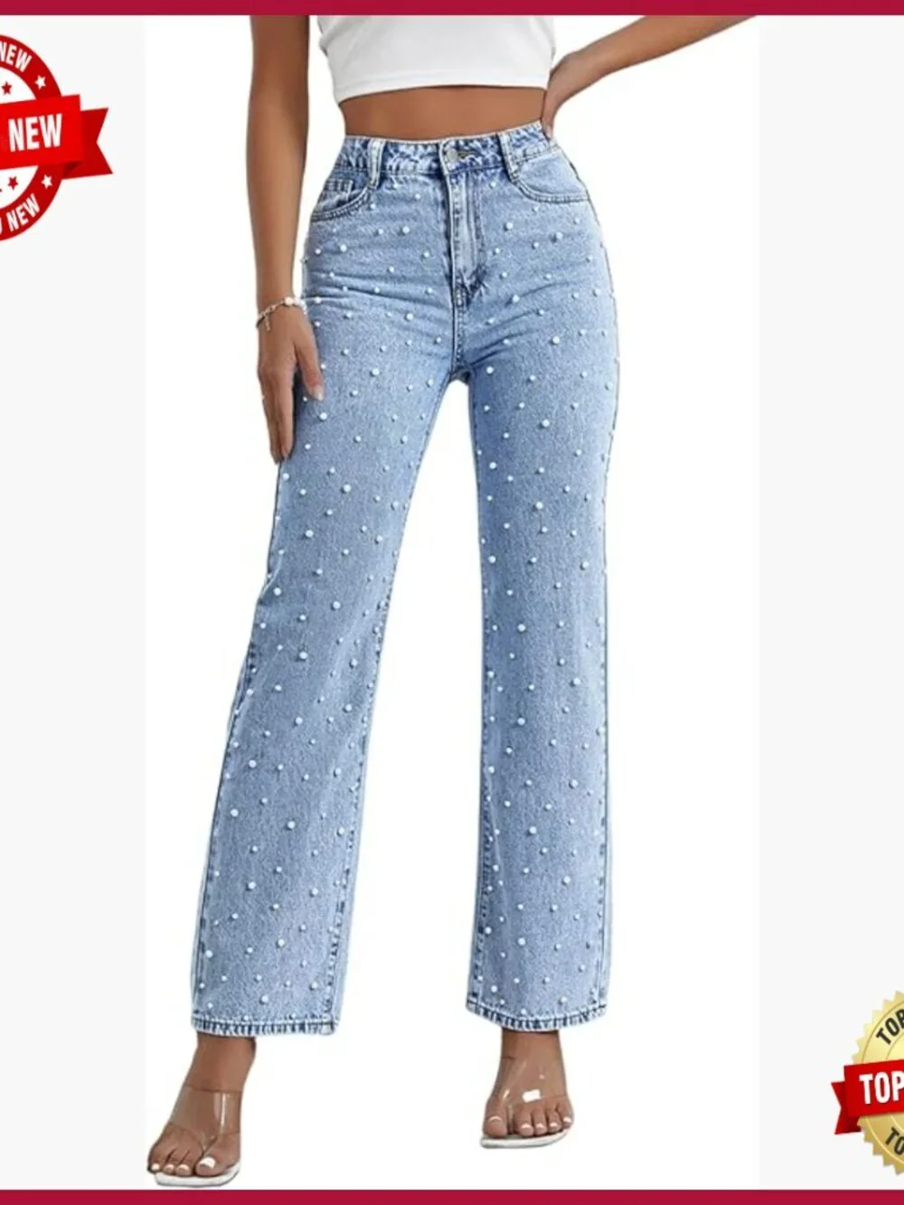 High Waisted Straight Leg Jeans with Pearl Embellishments, Stretch Denim